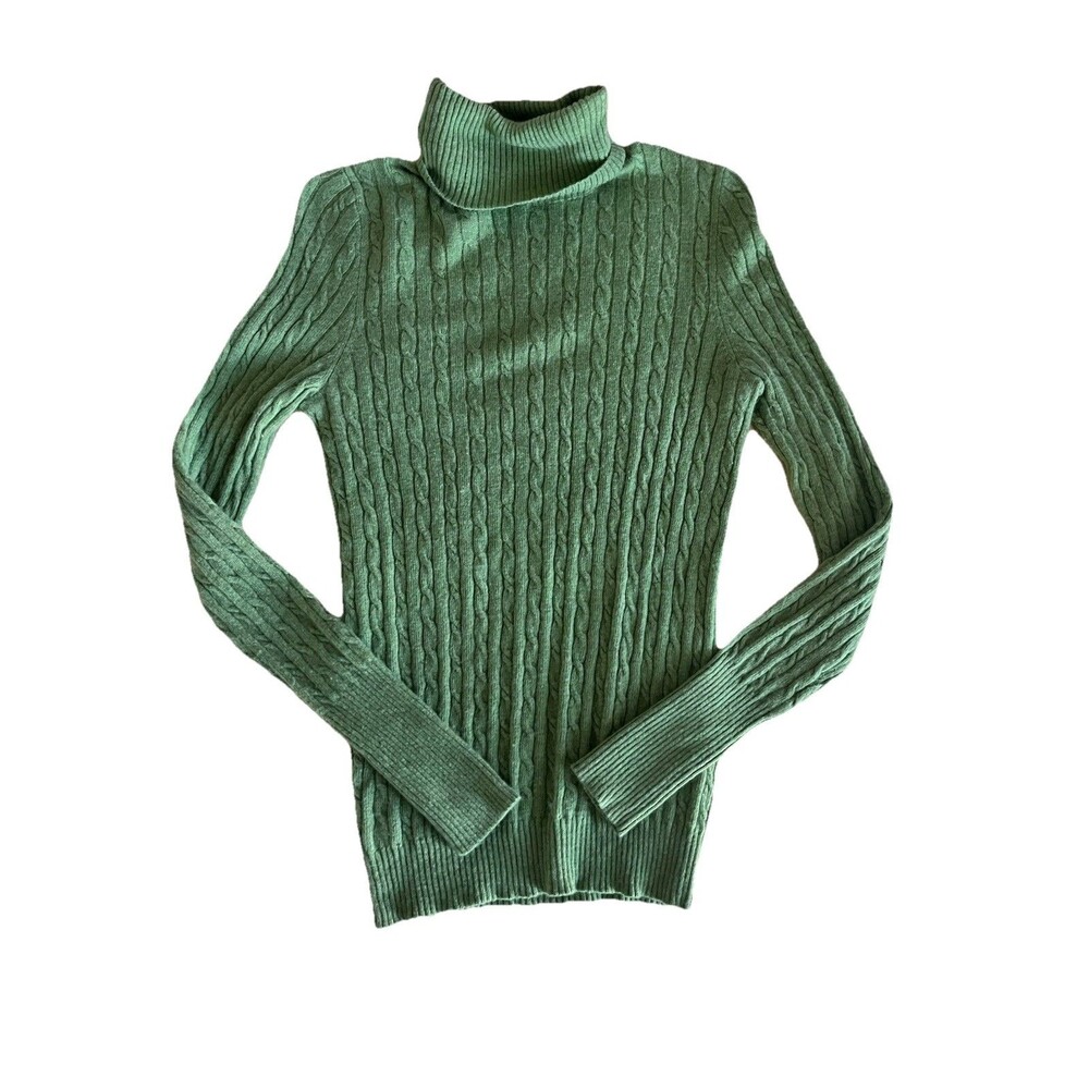 J. Crew Green Wool Cashmere Blend Cable-Knit Turtle Neck Long Sleeve Sweater S
